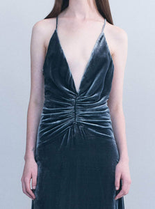 Courtney Zheng Maxi Dress Anika Silk Velvet Gown Shop Courtney Zheng's Anika Silk Velvet Gown in Storm Grey
