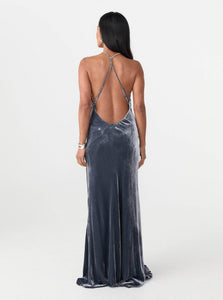 Courtney Zheng Maxi Dress Anika Silk Velvet Gown Shop Courtney Zheng's Anika Silk Velvet Gown in Storm Grey