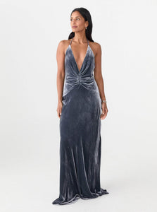 Courtney Zheng Maxi Dress Anika Silk Velvet Gown Shop Courtney Zheng's Anika Silk Velvet Gown in Storm Grey