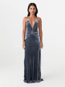 Courtney Zheng Maxi Dress Anika Silk Velvet Gown Shop Courtney Zheng's Anika Silk Velvet Gown in Storm Grey
