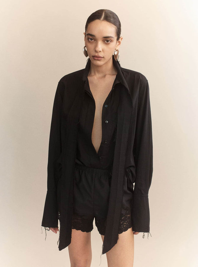 Courtney Zheng Shirt S Linus Raw Edge Cotton Voile Tie Shirt Linus Raw Edge Cotton Voile Tie Shirt – Black | Courtney Zheng