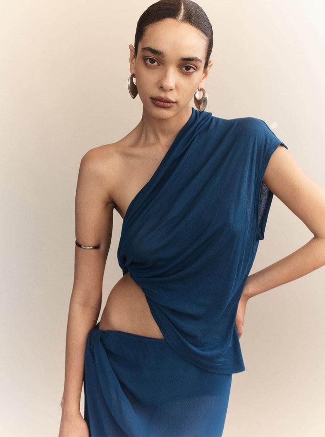 Courtney Zheng T-shirt Eros Pima Cotton One Shoulder Top Shop Courtney Zheng's Eros Pima Cotton One Shoulder Top in Aegean Blue