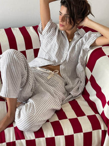 In Bed Sleepwear Shirt 100% Linen Short Sleeve Shirt IN BED 100% Linen Short Sleeve Shirt in Grey & White Stripe