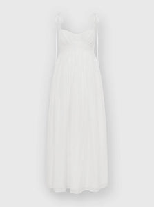 Ghost Image of Midi Length Maggie dress in white – crafted from silk featuring tie shoulders and flowy pleated skirt