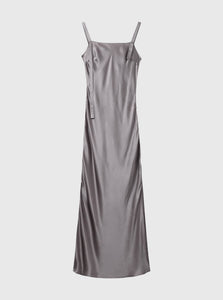 Front Ghost Image of Full-length Catania dress in smoke grey – crafted from 100% silk featuring a square neckline and open tie-back design