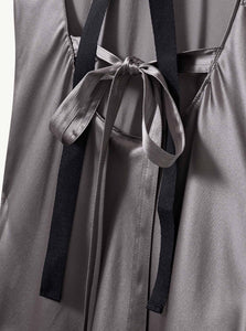 Detail of back tie-design full-length Catania Dress in Smoke Grey silk