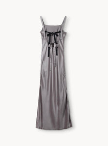 Back Ghost Image of Full-length Catania dress in smoke grey – crafted from 100% silk featuring a square neckline and open tie-back design