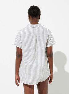 In Bed Sleepwear Shirt 100% Linen Short Sleeve Shirt IN BED 100% Linen Short Sleeve Shirt in Grey & White Stripe
