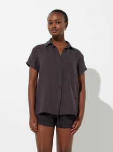 In Bed Sleepwear Shirt One 100% Linen Short Sleeve Shirt IN BED 100% Linen Short Sleeve Shirt in Kohl